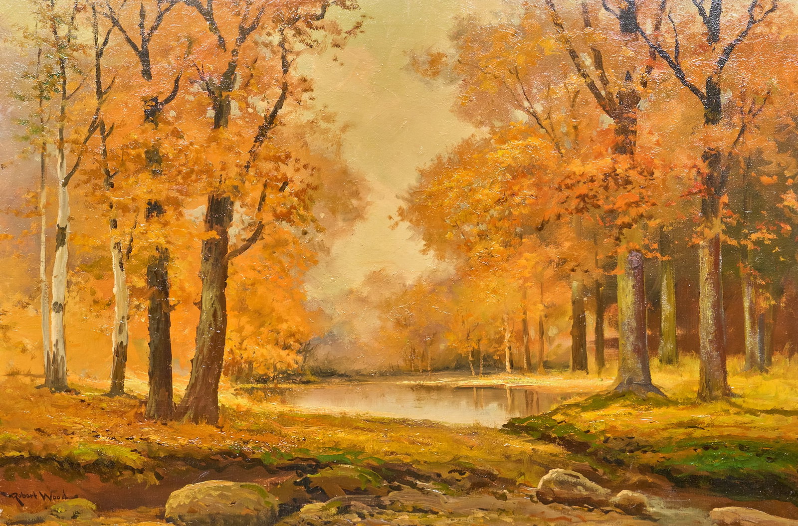 Robert Wood, "The Old Swimming Hole: Robert Wood (Texas / California, 1889-1979), "The Old Swimming Hole”, oil on canvas, signed lower left, titled on the verso sight: 24 x 36 in., frame: 28.5 x 40.5 in. Provenance: 