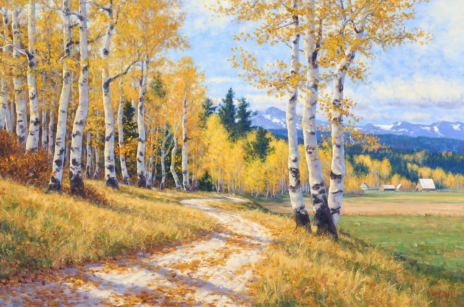 Randy van Beek, Aspen Path: Randy van Beek (Washington, b. 1958), autumn landscape with aspens, oil on canvas, signed lower right sight: 24 x 36 in., frame: 33.5 x 45.5 in. Provenance: Property from the Estate of 