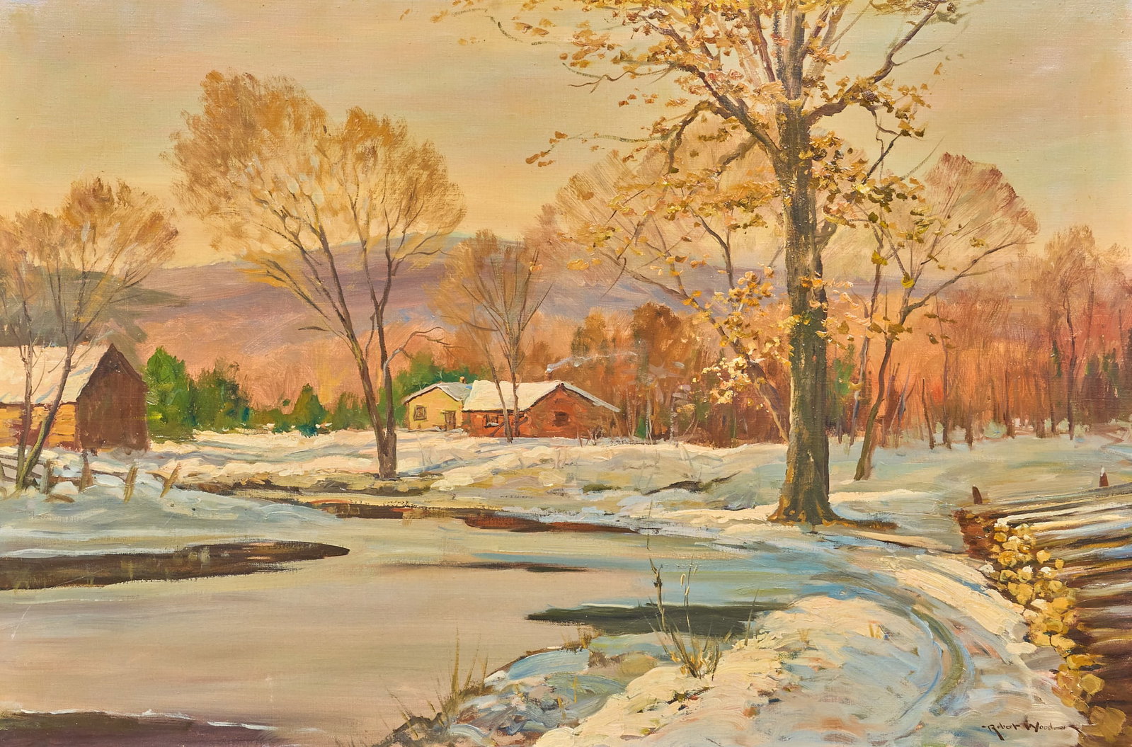 Robert Wood, "Winter in Vermont: Robert Wood (Texas / California, 1889-1979), "Winter in Vermont”, oil on canvas, signed lower left, titled on the verso sight: 24 x 36 in., frame: 33 x 45 in. Provenance: Property