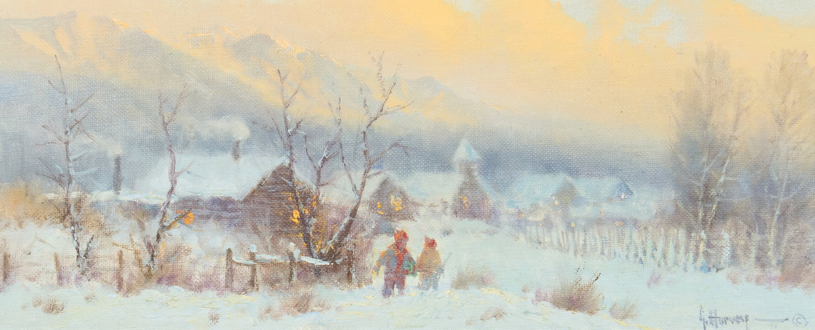 G. Harvey, "Christmas in the Rockies": G. Harvey (Gerald Harvey Jones, Texas, 1933-2017), "Christmas in the Rockies", oil on custom-cut canvas panel, signed lower right, titled on the verso sight: 6 x 13 in., frame: 13 x 21.
