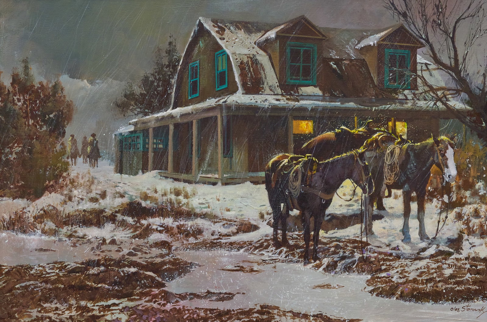 Oleg Stavrowsky, "Three Here & Three More Coming": Oleg Stavrowsky (New Mexico / Texas, 1927-2020), "Three Here & Three More Coming", oil on canvas, signed lower right, artist's inscription on the verso with signa