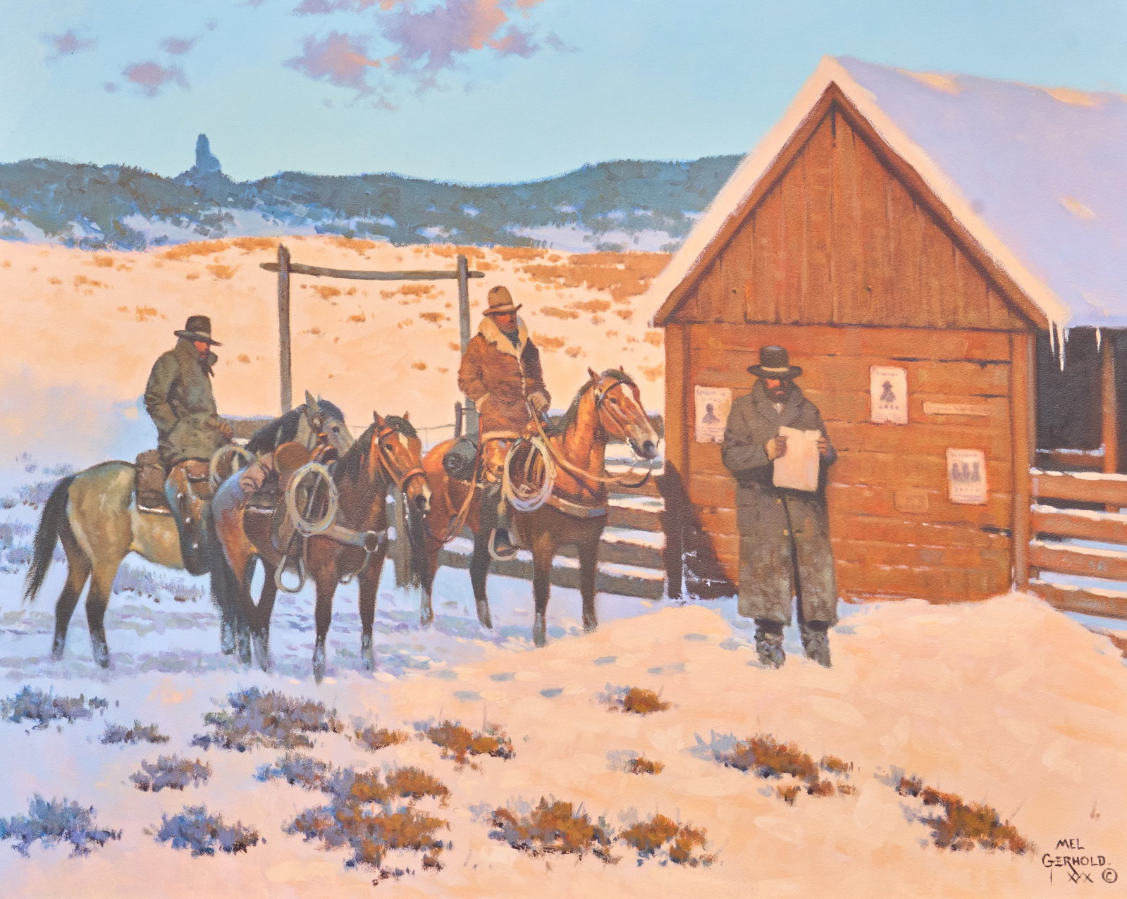 Mel Gerhold, "Dead or Alive": Mel Gerhold (Nebraska, 1928-2015), "Dead or Alive", oil on panel, signed lower right sight: 24 x 30 in., frame: 35 x 41in. Provenance: Property from a home in Houston, Texas Mel G