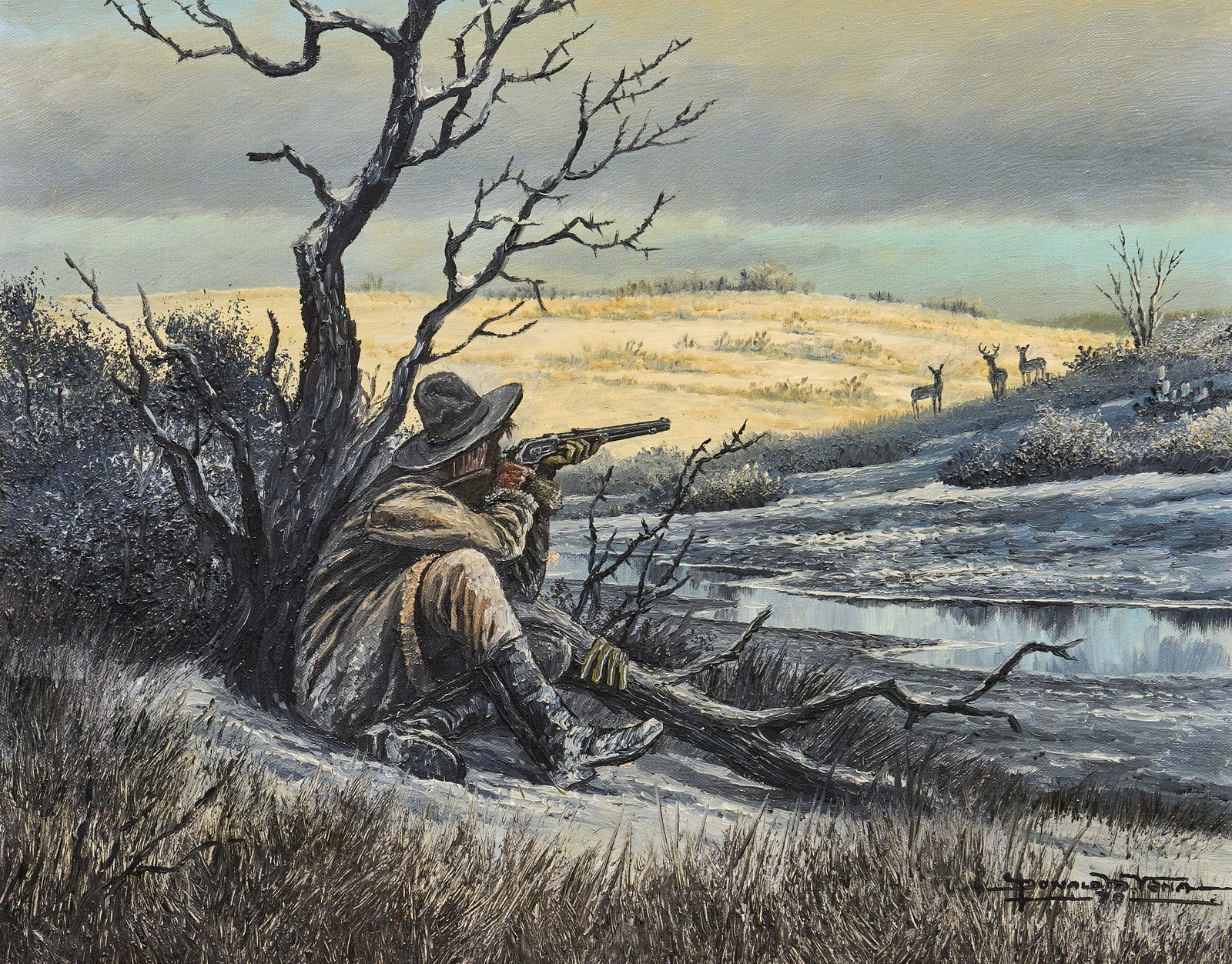 Donald Yena, "The Cold Shot": Donald M. Yena (Amer., b. 1933), "The Cold Shot", oil on canvas, signed and dated lower right, 1970 sight: 16 x 20 in., frame: 27 x 31 in. Note: Painting is featured in The Winches