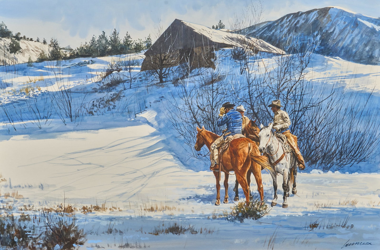 Ragan Gennusa, Cowboys in Snow: Ragan Gennusa (Texas, 1944-2021), three cowboys in snowy landscape, watercolor on paper or illustration panel, signed lower right sight: 24 x 36 in., frame: 28.5 x 40.5 in. Provenance: Property from