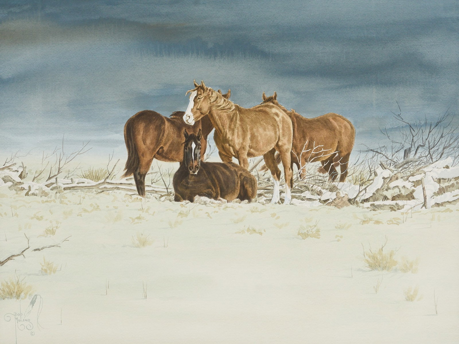 Bob Moline, "Winter Companions": Bob Moline (Texas / Oklahoma, b. 1938), "Winter Companions", watercolor on watercolor paper, signed lower left, with customer tooled leather accent on the verso gifted by the 