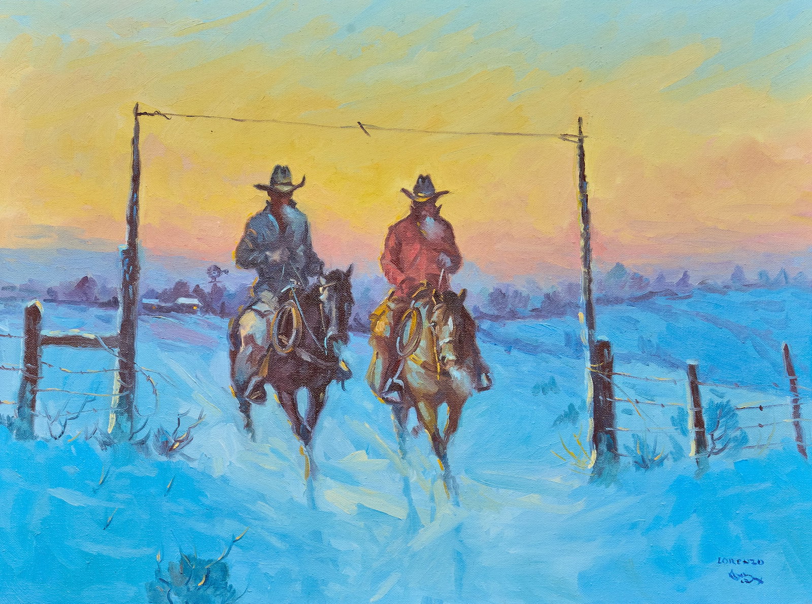 Lorenzo Castaneda, Cowboys in Snow: Lorenzo Castaneda (Texas, b. 1940), cowboys in the snow passing under ranch gate, oil on canvas, signed lower right sight: 18 x 24 in., frame: 26 x 32 in. Provenance: Property from a Florissant,