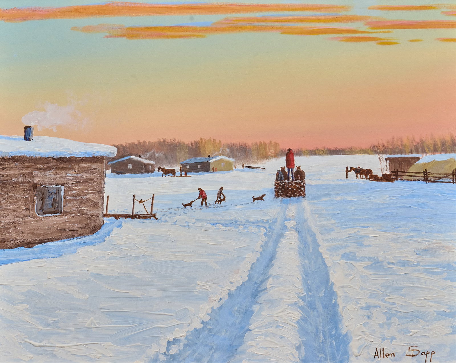 Allen Sapp, Winter Farm Scene: Allen Sapp (Red Pheasant Reserve, Saskatchewan, Canada, 1929-2015), snowy farm scene, oil on canvas, signed lower right sight: 24 x 30 in., frame: 28 x 33 in. Provenance: Property from a home in Houst