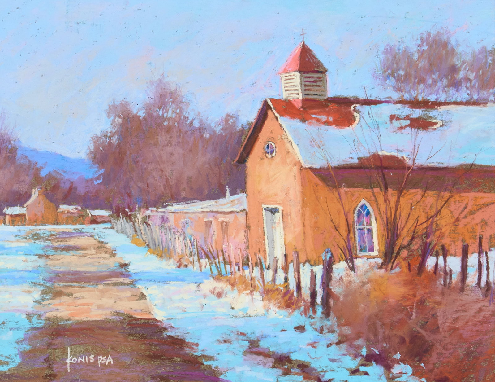 Ben Konis, New Mexico Church: Ben Konis (New York / Texas / New Mexico, 1924-2006), New Mexico church and snowy path, pastel on paper, signed lower left sight: 11 x 14 in., frame: 16.5 x 19.5 in. Provenance: Property from