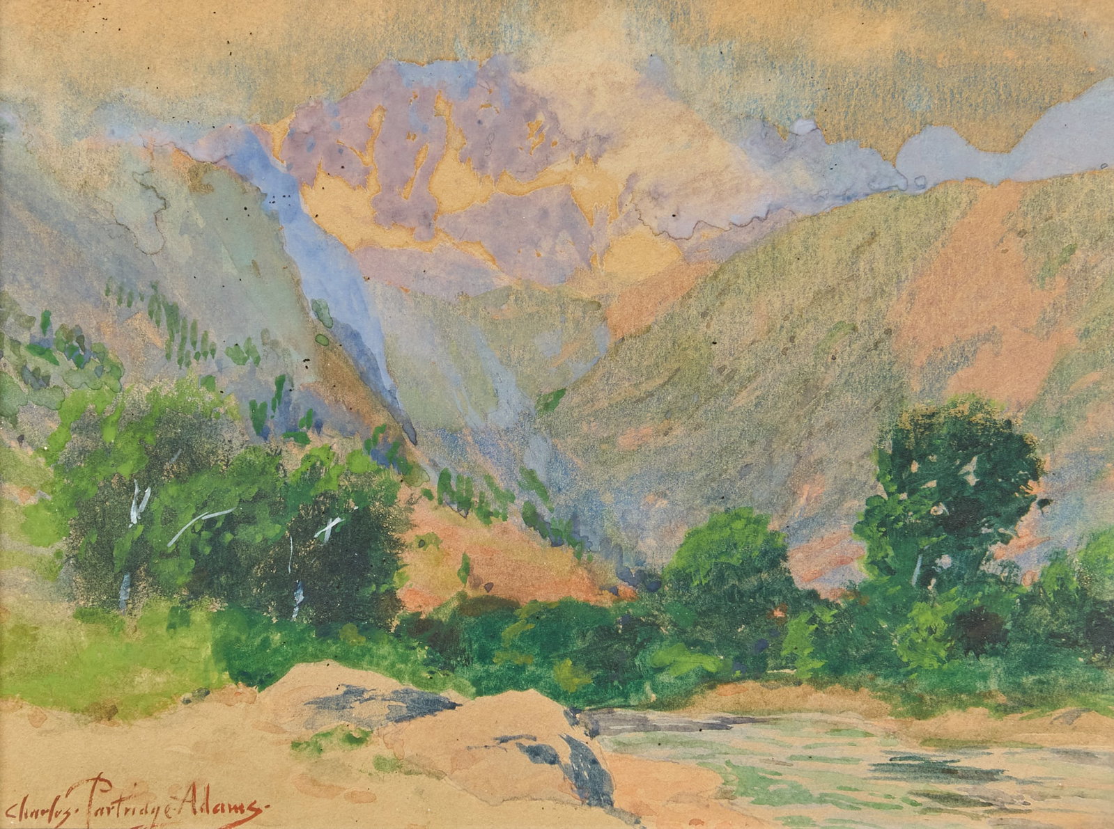 Charles Partridge Adams, Mountain Landscape: Charles Partridge Adams (Amer., 1858-1942), Western mountain landscape, watercolor and mixed media on paper, signed lower left sight: 7 x 8 in., frame: 12 x 12.5 in. Provenance: The Estate o
