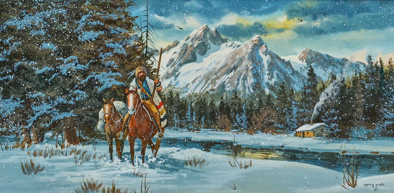 Gerry Metz, Mountain Man in Snow: Gerry Michael Metz (Amer., 1943-2018), mountain man in snow, oil on panel, signed lower right sight: 8 x 16 in., frame: 16 x 24 in. Provenance: Originally purchased from the Bob Parks Gallery (Sc