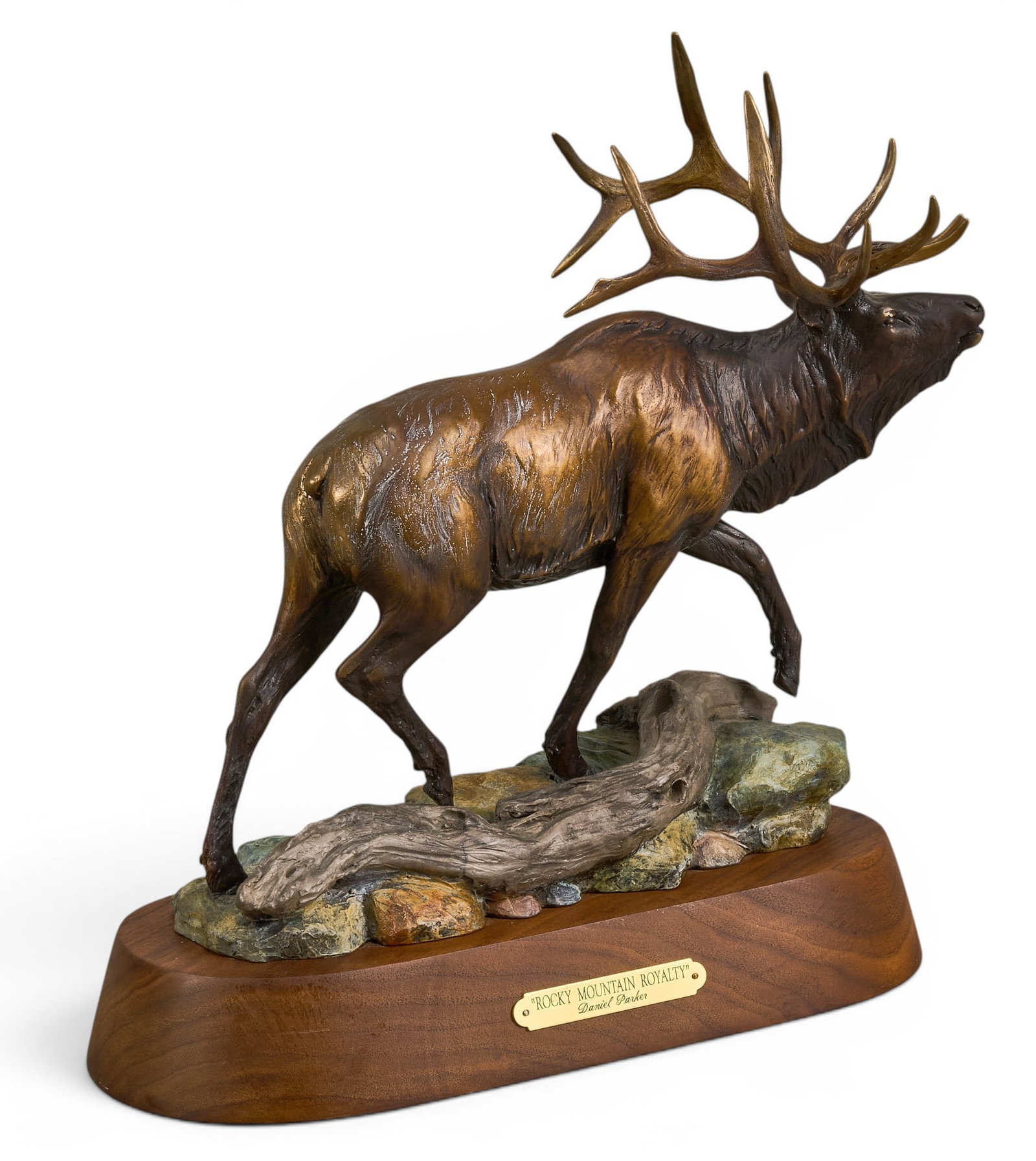 Daniel Parker, "Rocky Mountain Royalty": Daniel Ray Parker (Amer., b. 1959), "Rocky Mountain Royalty", artist-cast bronze sculpture on wooden base, with incised signature, title, and edition number 235/350 height 13 in. x widt