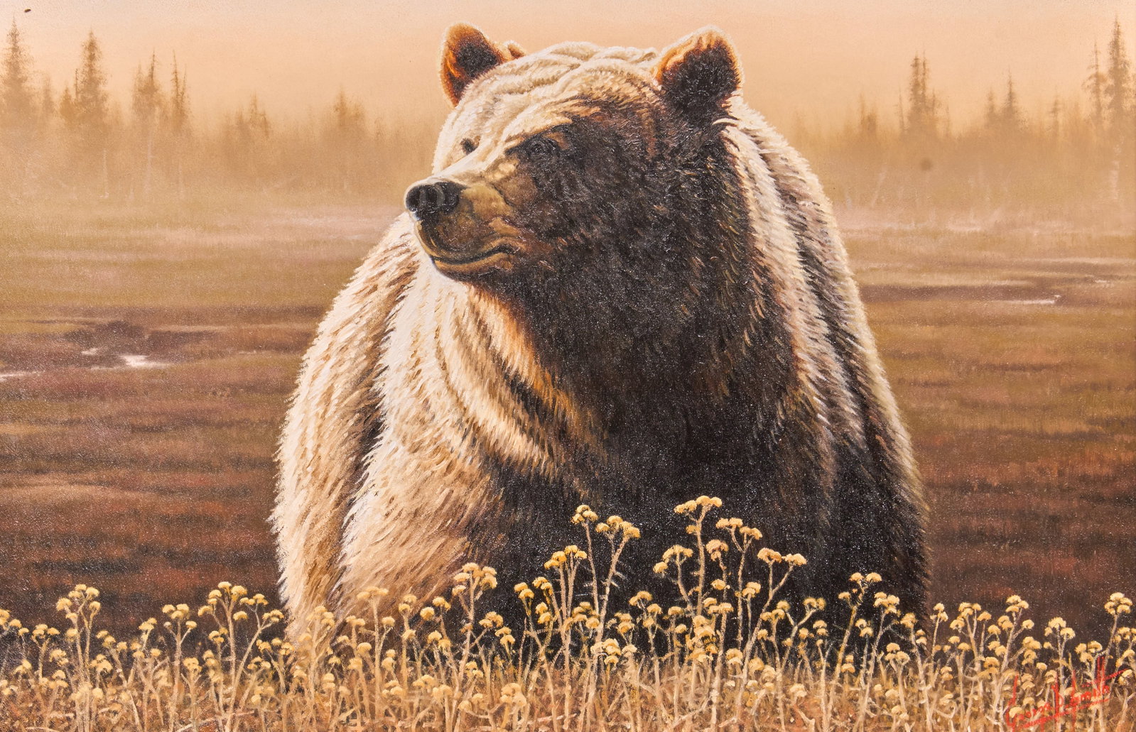 George Dee Smith, "Yellowstone Grizzly": George Dee Smith (Wyoming, b. 1944), "Yellowstone Grizzly", oil on panel, signed lower right, signed again and titled on the verso, with note reading "Painted 2004 in Wapiti