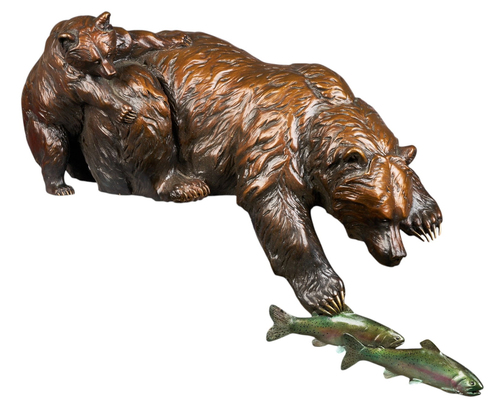 Daniel Parker, "Bear School": Daniel Ray Parker (Amer., b. 1959), "Bear School", mama bear teaching cub to fish, artist-cast bronze sculpture designed to sit on a shelf or ledge, with incised title, signature,
