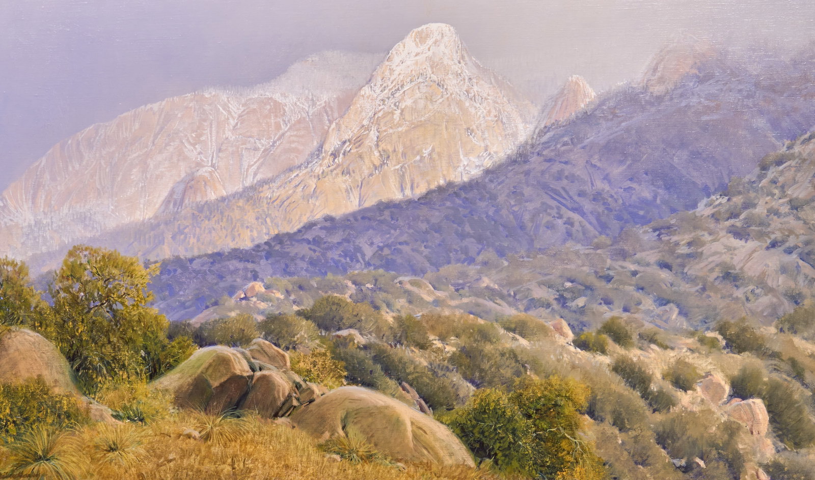 Wilson Hurley, "Spring Snow in the Sandias": Wilson Hurley (Amer., 1924-2008), "Spring Snow in the Sandias", oil on canvas, signed lower left sight: 24 x 40 in., frame: 34 x 51 in. Provenance: Property from the Estate of Robert