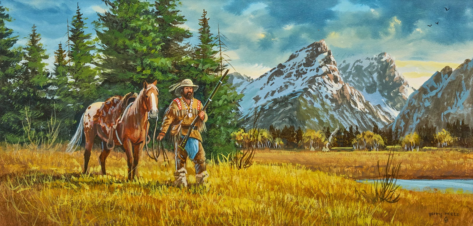 Gerry Metz, Western Trapper: Gerry Michael Metz (Amer., 1943-2018), mountain man in snow, oil on panel, signed lower right sight: 8 x 16 in., frame: 16 x 24 in. Provenance: Originally purchased from the Bob Parks Gallery (Sc