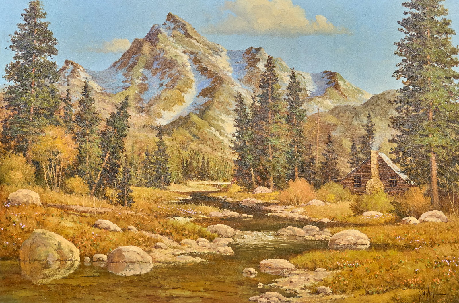 Randy Peyton, Mountain Landscape: Randy Peyton (Texas / Italy, b. 1958), mountain landscape with cabin, oil on canvas, signed lower right sight: 24 x 36 in., frame: 37.5 x 49 in. Provenance: Property from a home in San Anton