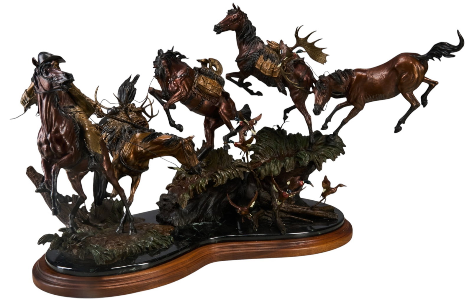 Joseph Krausz, Cowboy with Horses and Ducks: Joseph Krausz (Hungary / California, b.1936), cowboy leading string of horses while ducks burst from underfoot, artist-cast bronze sculpture on stone base, with incised signature