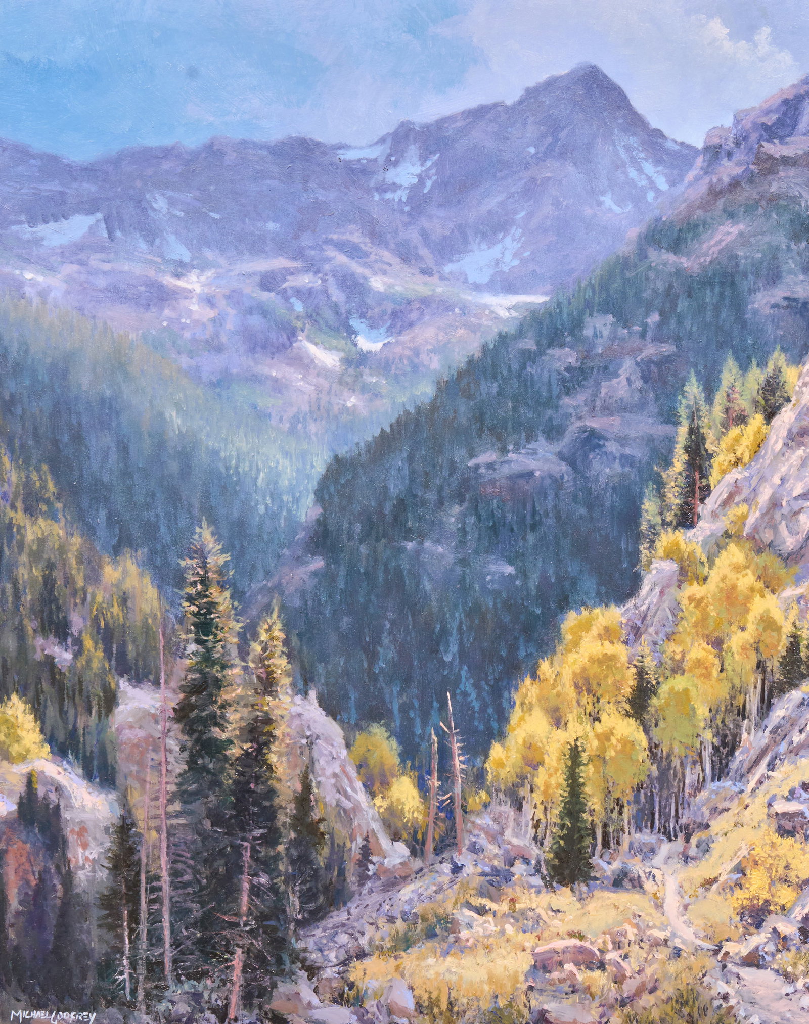Michael Godfrey, "Rocky Mountain High": Michael Godfrey (Germany / North Carolina, b. 1953), "Rocky Mountain High", oil on board, signed lower left sight: 20 x 16 in., frame: 30 x 26 in. Provenance: Property from a