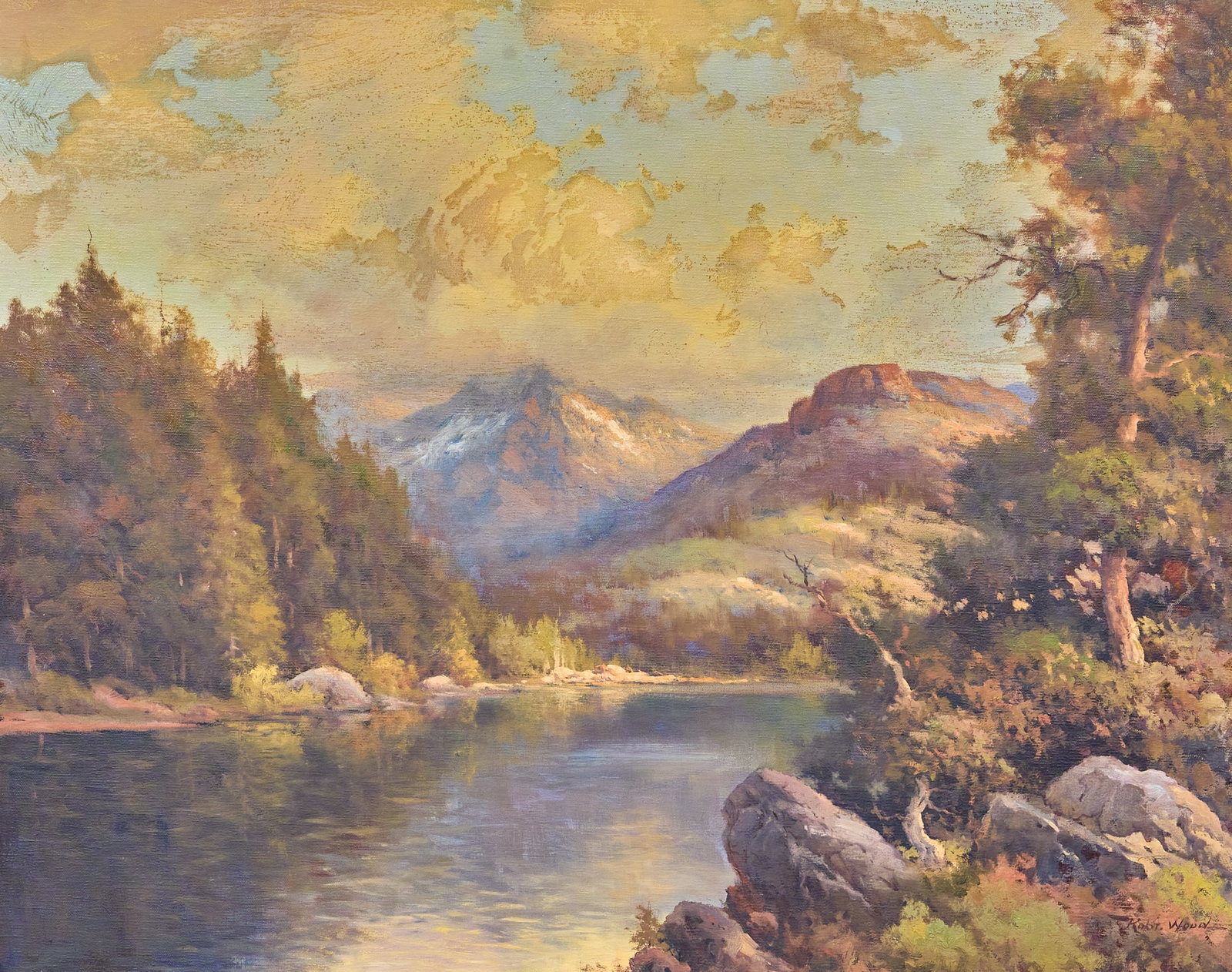 Robert Wood, Mountain and Lake Landscape, ca. 1932: Robert Wood (Texas / California, 1889-1979), landscape with distant mountains and lake, oil on canvas, signed lower right sight: 24 x 30 in., frame: 38 x 32 in. Provenance: Property from a home