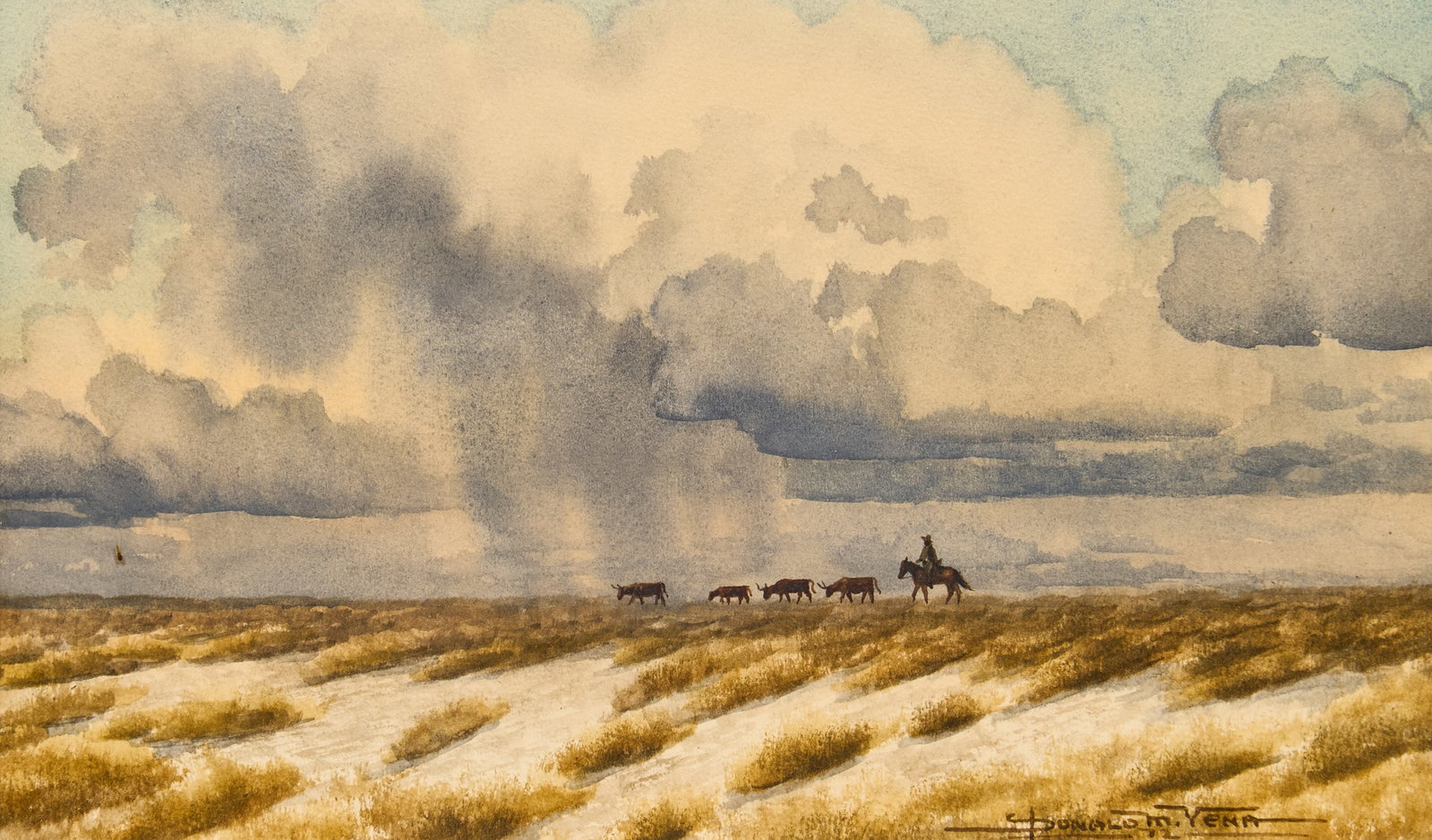 Donald Yena, Cattle and Distant Storm: Donald M. Yena (Amer., b. 1933), cattle and distant storm clouds gathering, watercolor on Crescent watercolor board, signed and dated lower right, 1972; with Broken Spur Gallery sticke