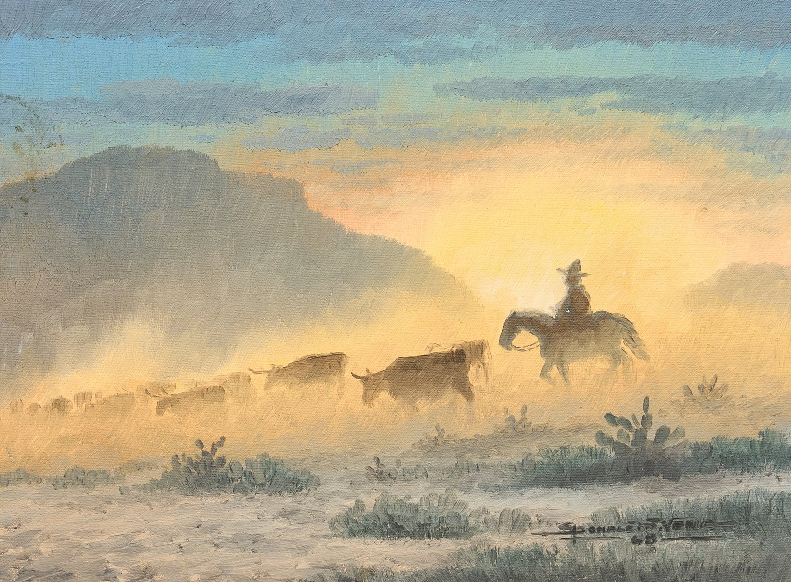 Donald Yena, “Sundown Dust": Donald M. Yena (Amer., b. 1933), “Sundown Dust", oil on canvas, signed and dated lower right, 1968; with artist's note from original paper backing retained on the verso with title