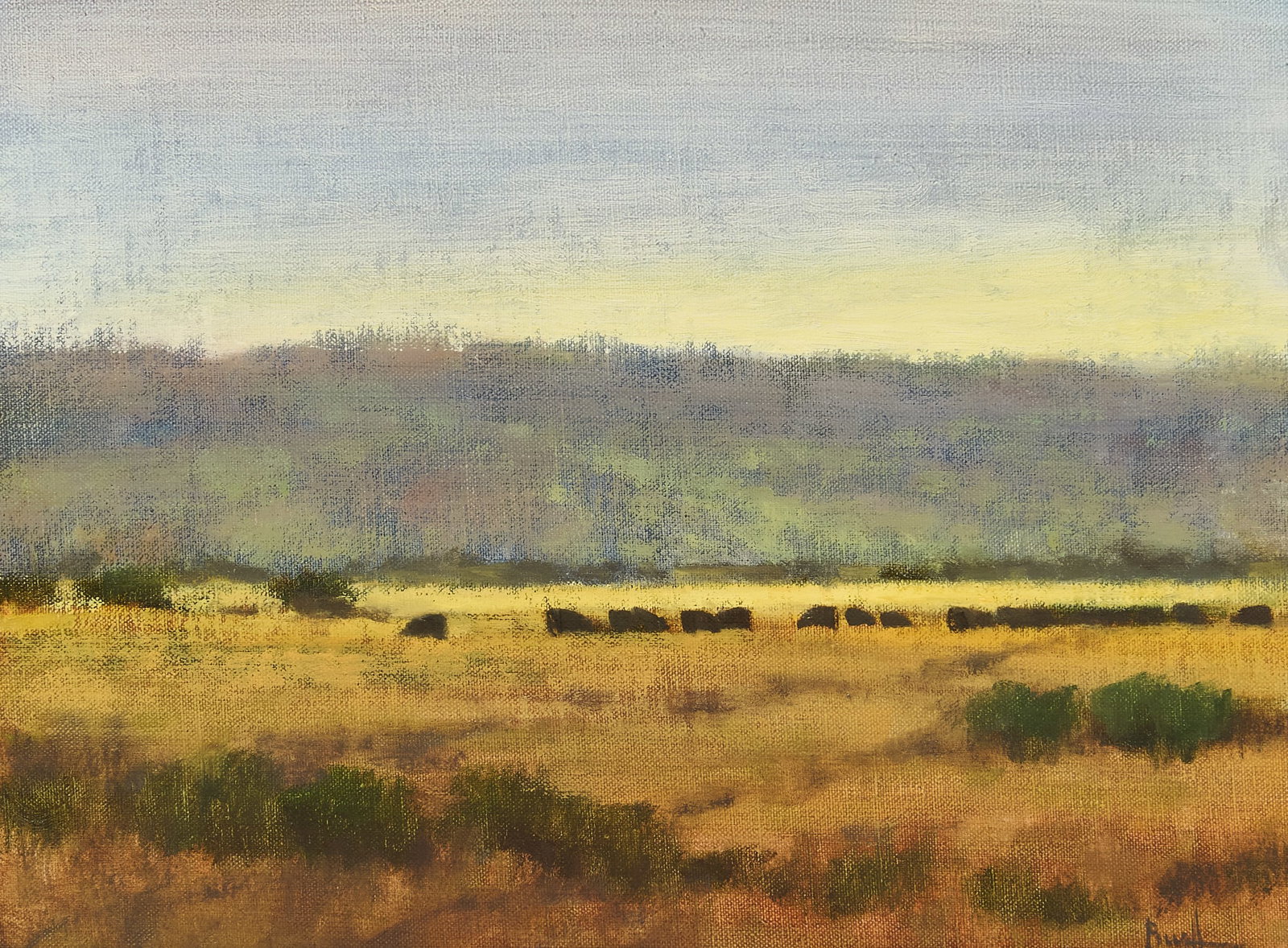 Nancy Bush, "Hill Country Pasture": Nancy M. Bush (Texas, b. 1947), "Hill Country Pasture", oil on canvas laid to wood panel, signed lower right sight: 9 x 12 in., frame: 16.5 x 19.5 in. Provenance: Property from a h