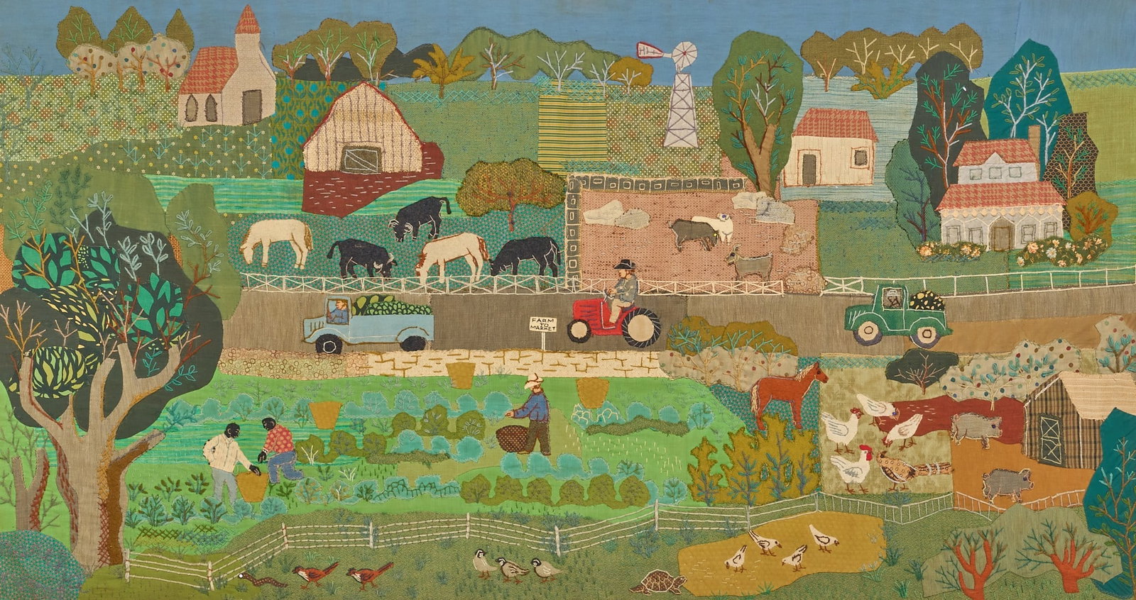 Martha Mood, Farm to Market Stitchery: Martha Mood (Texas, 1908-1972), untitled (farm to market) scene, hand-embroidered textile stitchery on fabric, embroidered signature lower left, framed sight: 36 x 66 in., frame: 39 x 69 in.