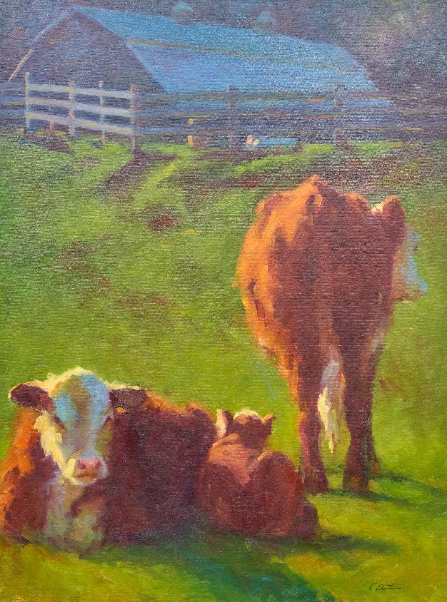 Cheri Christensen, "Bounty's Cows": Cheri Christensen (New Mexico, b. 1961), "Bounty's Cows", oil on canvas, signed lower right sight: 30 x 40 in., frame: 38.5 x 48.5 in. Provenance: Property from a home in Green Vall