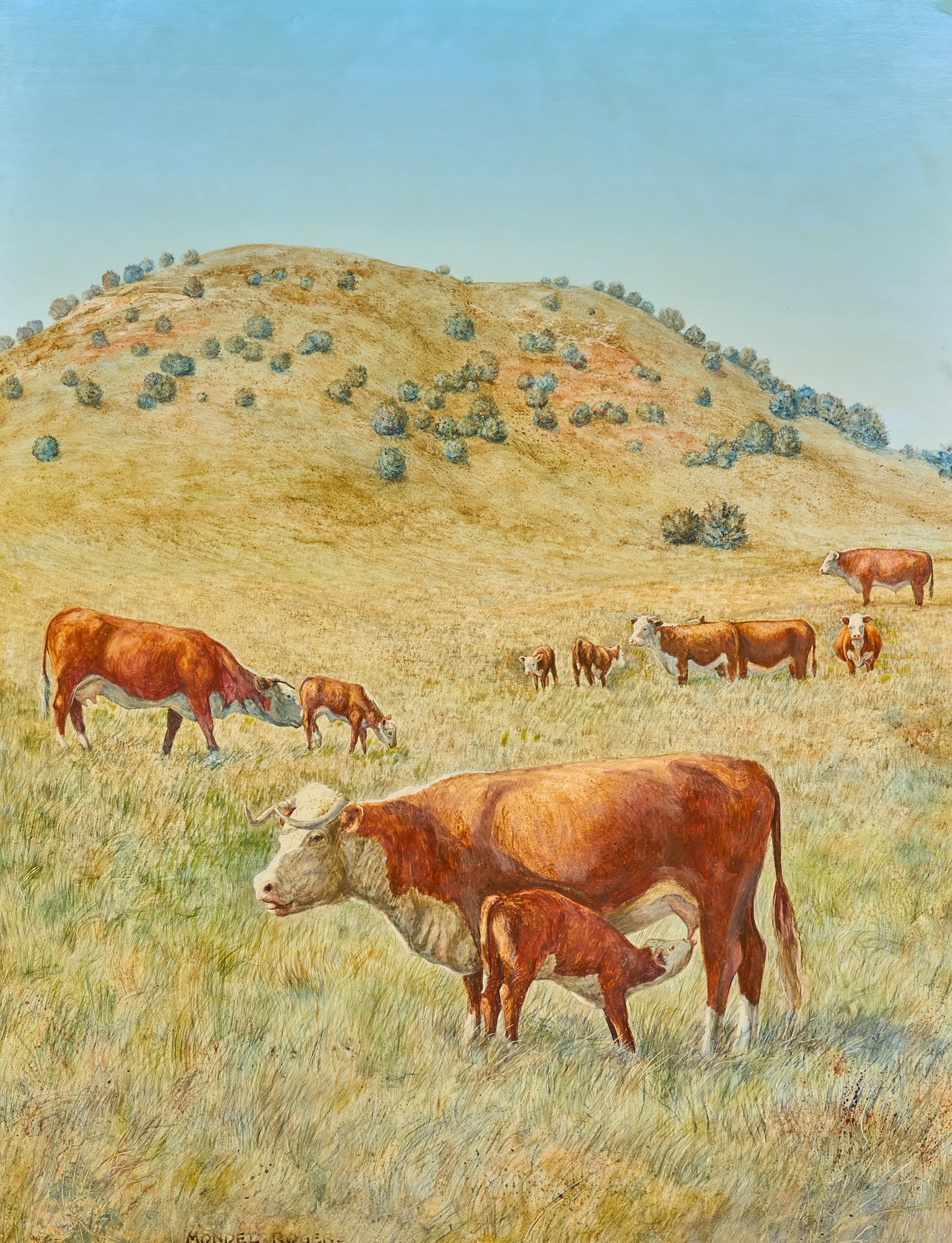 Mondel Rogers, "Hereford Heritage": Mondel Rogers (Texas, b. 1946), "Hereford Heritage", egg tempera on gesso panel, artist's note on the verso reads: "Texas State Artist 1990-1992" and "painting on cov