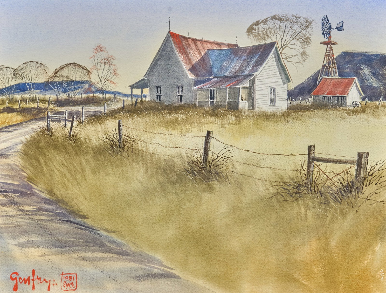 A. C. Gentry, Farmhouse Scene: A. C. Gentry (Amer., b. 1927), Texas farmhouse, watercolor on watercolor paper, signed lower left sight: 20 x 26 in., frame: 32 x 38 in. Provenance: Property from a home in San Antonio, Texas