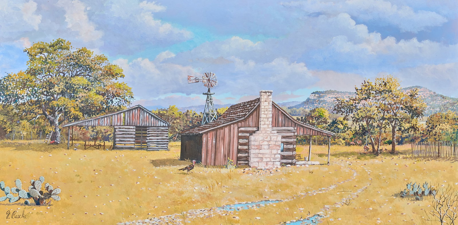 Florent Baecke, Hill Country Homestead: Florent P. Baecke (Texas, 1922-2016), Hill Country homestead scene with turkey and farming implements, oil on canvas, signed lower left sight: 24 x 48 in., frame: 31 x 55 in. Provenance: