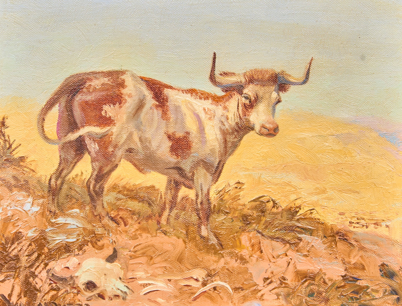 William Moyers, Longhorn Steer: William Moyers (New Mexico, 1916-2010), longhorn in landscape with bison skull, oil on canvas board, signed lower left sight: 8 x 10 in., frame: 13 x 15 in. Provenance: Property from a home