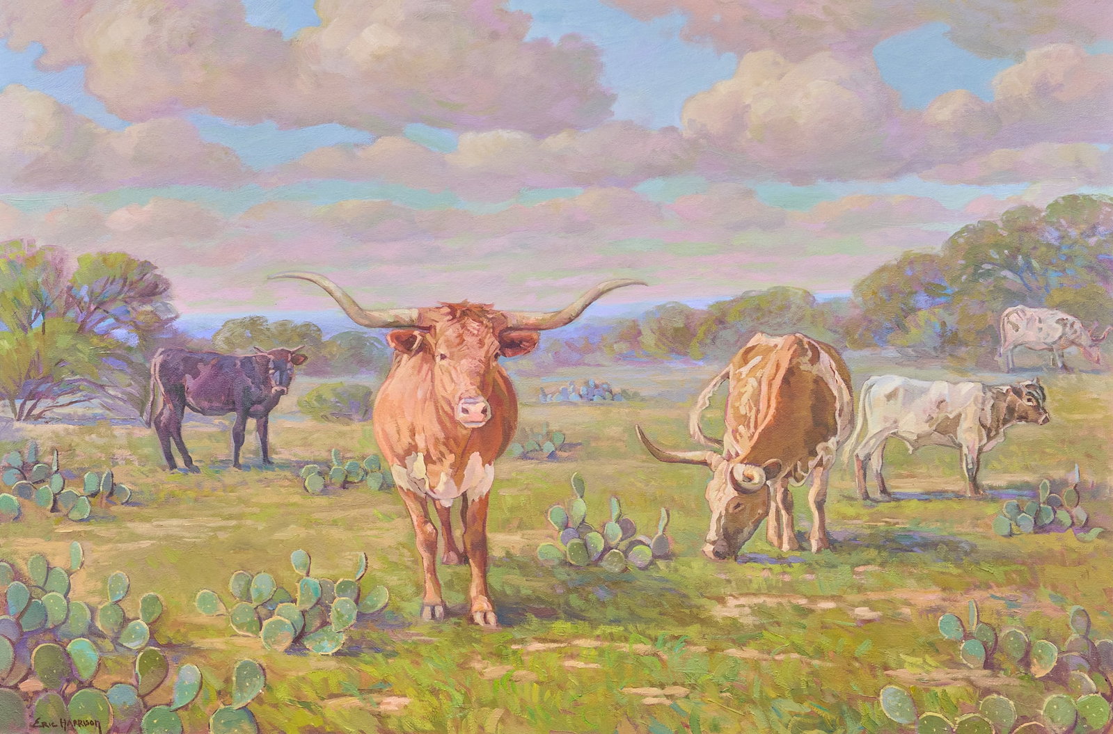 Eric Harrison, "Longhorns in Evening Light": Eric Harrison (Texas, b. 1971), "Longhorns in Evening Light", oil on canvas, signed lower left sight: 24 x 34 in., frame: 34.5 x 64.5 in. Provenance: Property from a historic home 