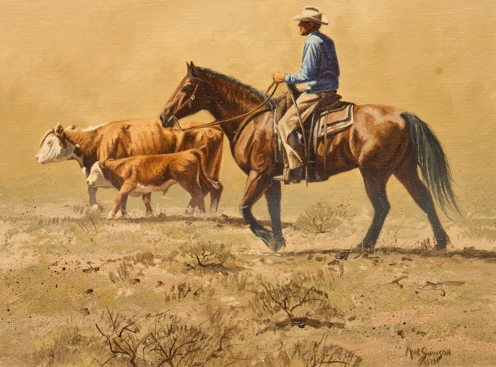 Mark Swanson, "Strays": Mark Swanson (Arizona / California / South Dakota, b. 1958), "Strays", oil on masonite, signed and dated lower right, 1979, signed again and titled on the verso sight: 12 x 16 in.,