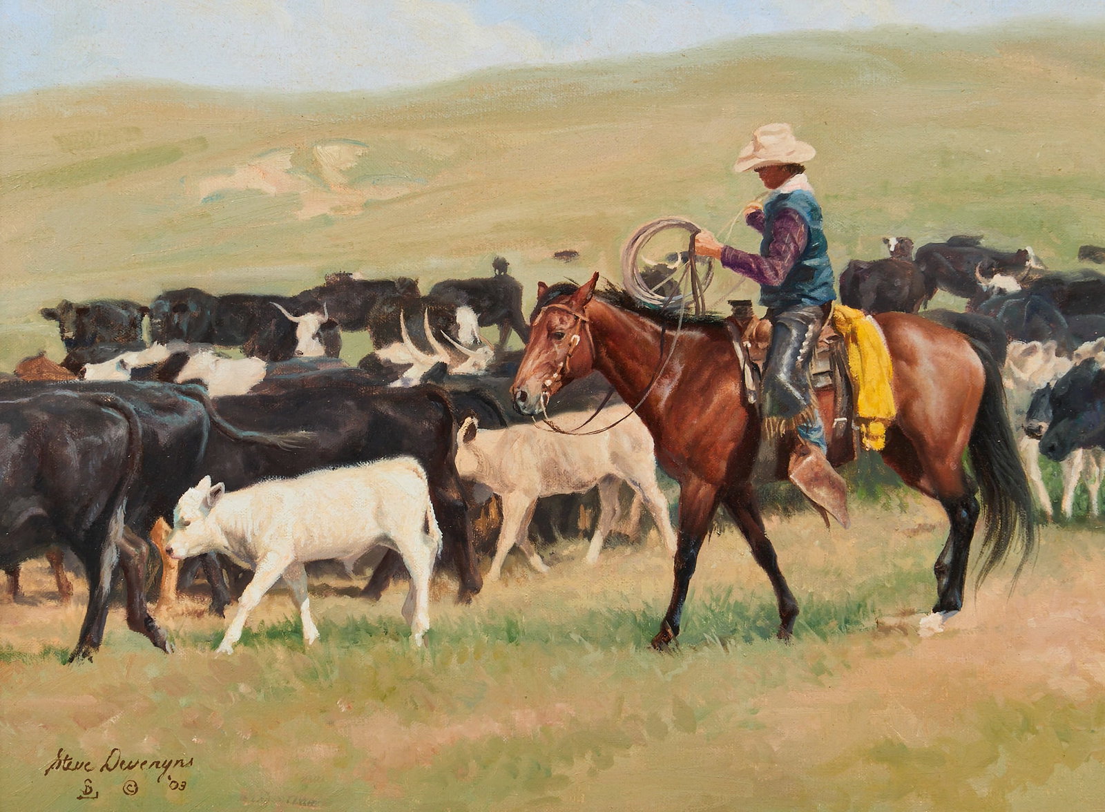 Steve Devenyns, "Changing Pastures": Steve Devenyns (Wyoming / Colorado, b. 1953), "Changing Pastures", oil on canvas, signed and dated lower left, 2003 sight: 12 x 16 in., frame: 20 x 24 in. Provenance: Property