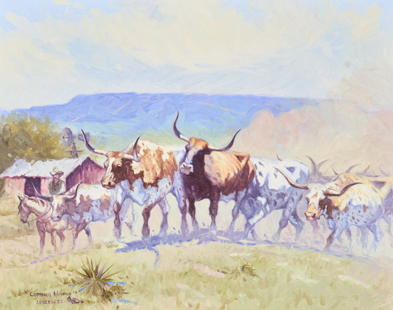 Lorenzo Castaneda, "Coming Home": Lorenzo Castaneda (Texas, b. 1940), "Coming Home", oil on canvas, signed lower left sight: 24 x 30 in., frame: 30.5 x 36.5 in. Provenance: Property from a home in Brownwood,