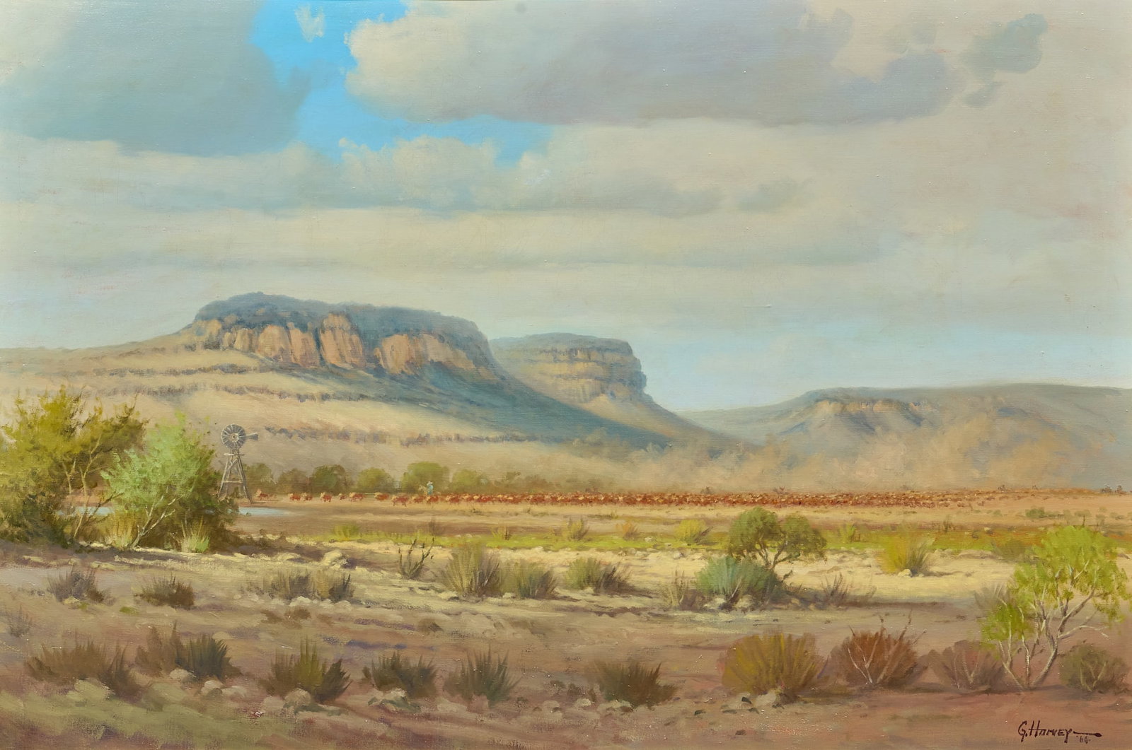 G. Harvey, "Canyon Shadows": G. Harvey (Gerald Harvey Jones, Texas, 1933-2017), "Canyon Shadows", cattle herd in the West Texas desert, oil on canvas, signed and dated lower right, 1964 sight: 27 x