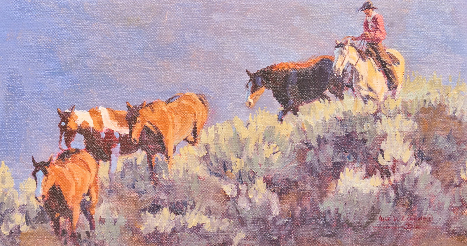 Kelly Donovan, "Down the Other Side": Kelly D. Donovan (Utah, b. 20th C.), "Down the Other Side", oil on canvas panel, signed lower right, with Judith Hale Gallery (Santa Ynez, California) sticker on the verso sight: 12 x