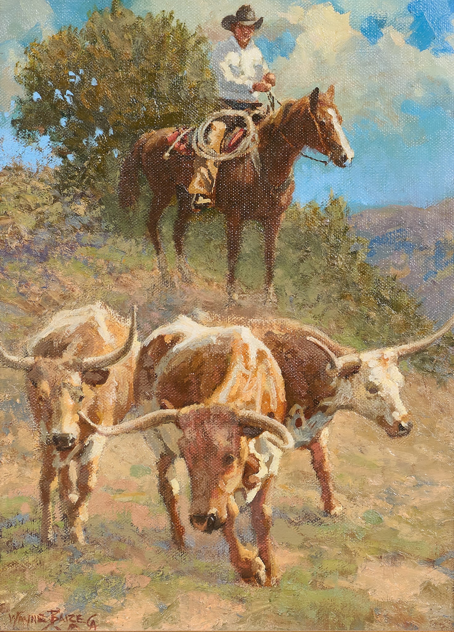 Wayne Baize, "Highland Horns": Wayne Baize (Texas, b. 1943), "Highland Horns", oil on canvas, signed lower left; signed again, titled, and dated on the top stretcher bar, 2010 sight: 12 x 9 in., frame: