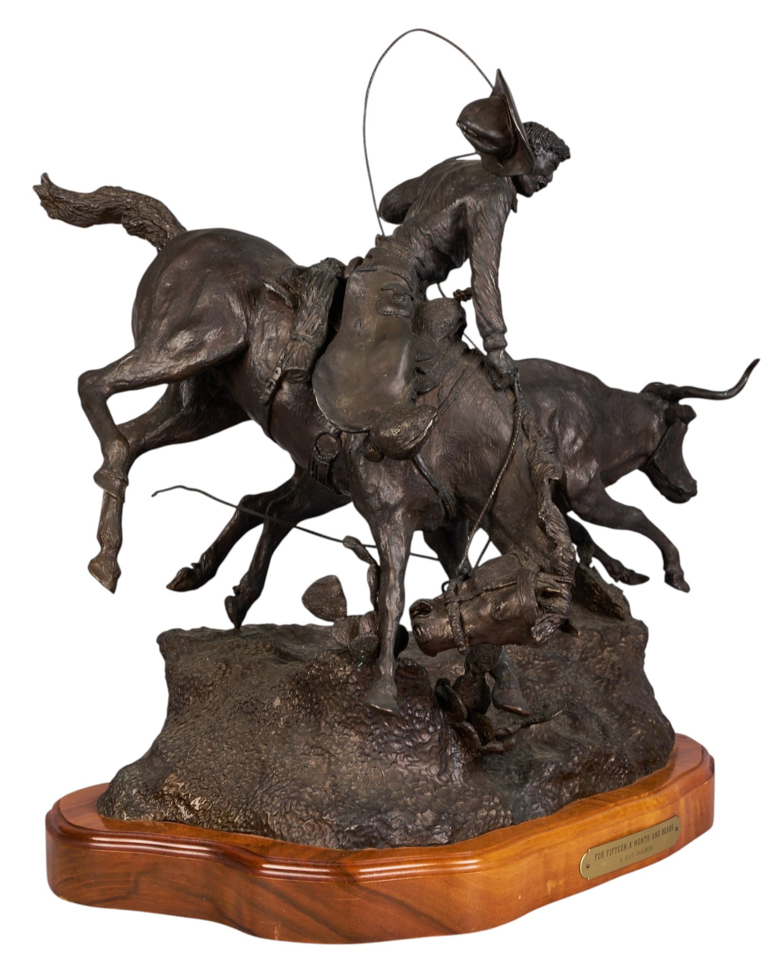 H. Clay Dahlberg, "For Fifteen A Month and Beans": Houston Clay Dahlberg (Texas, 1946-2021), "For Fifteen A Month and Beans", artist-cast bronze sculpture on wooden base, with incised signature, edition number 1/10, and date, 1974