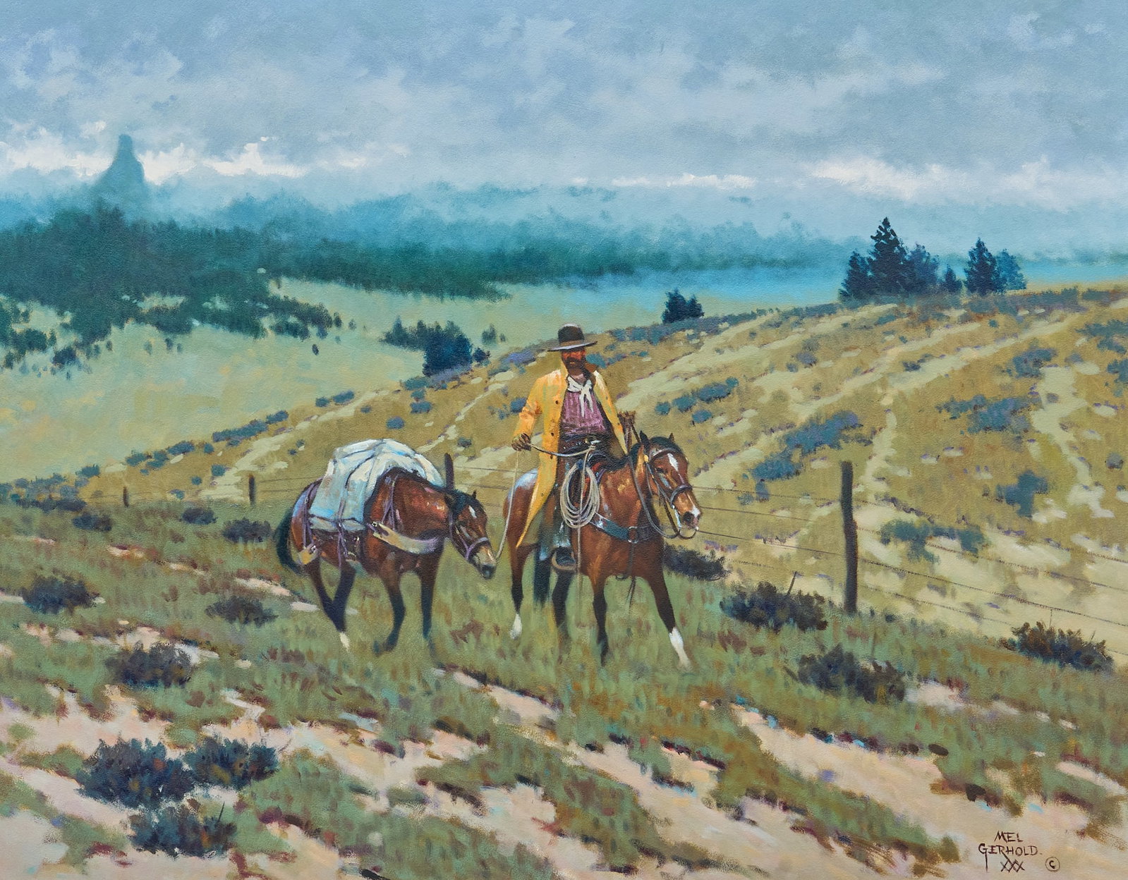 Mel Gerhold, "Weather or Not": Mel Gerhold (Nebraska, 1928-2015), "Weather or Not", oil on panel, signed lower right sight: 22 x 28 in., frame: 33 x 39 in. Provenance: Property from a home in Houston, Texas Mel