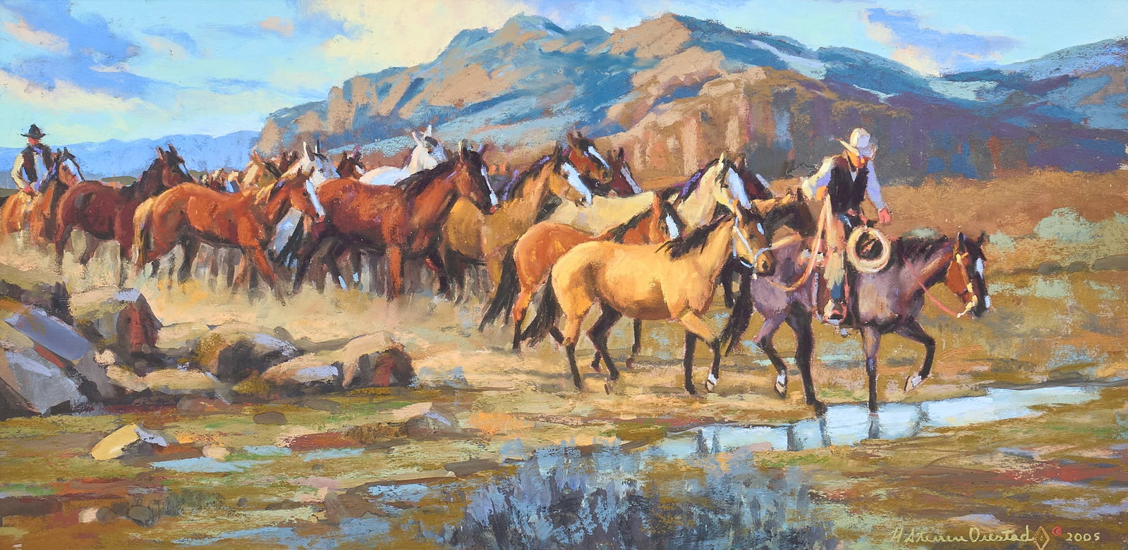 H. Steven Oiestad, "Bringin' Em In": H. Steven Oiestad (Montana, b. 1956), "Bringin' Em In", oil pastel on paper or illustration board, signed and dated lower right, 2005, titled on the verso, and artist's card affixed