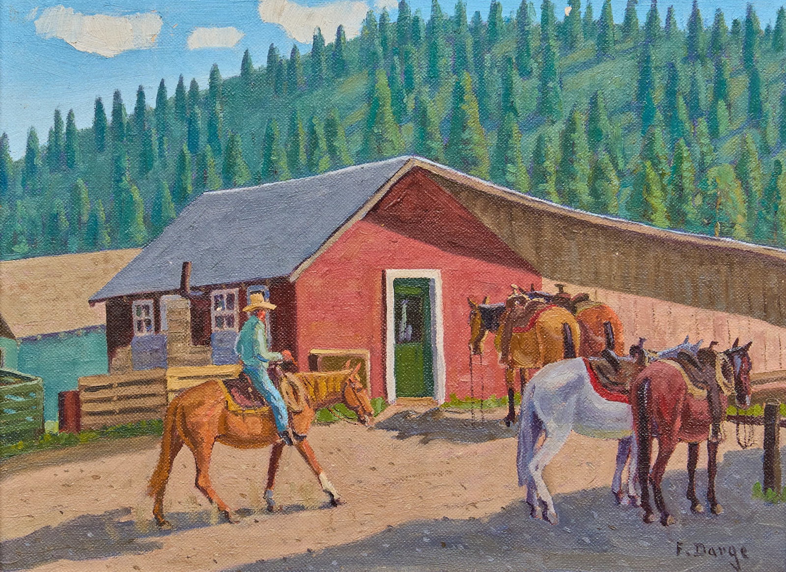 Fred Darge, "Riding Stable": Fred Darge (Texas, 1900-1978), "Riding Stable" (Cloudcroft New Mexico), oil on canvas panel, signed lower right, titled on the verso sight: 9 x 12 in., frame: 13.5 x 16.5 in.