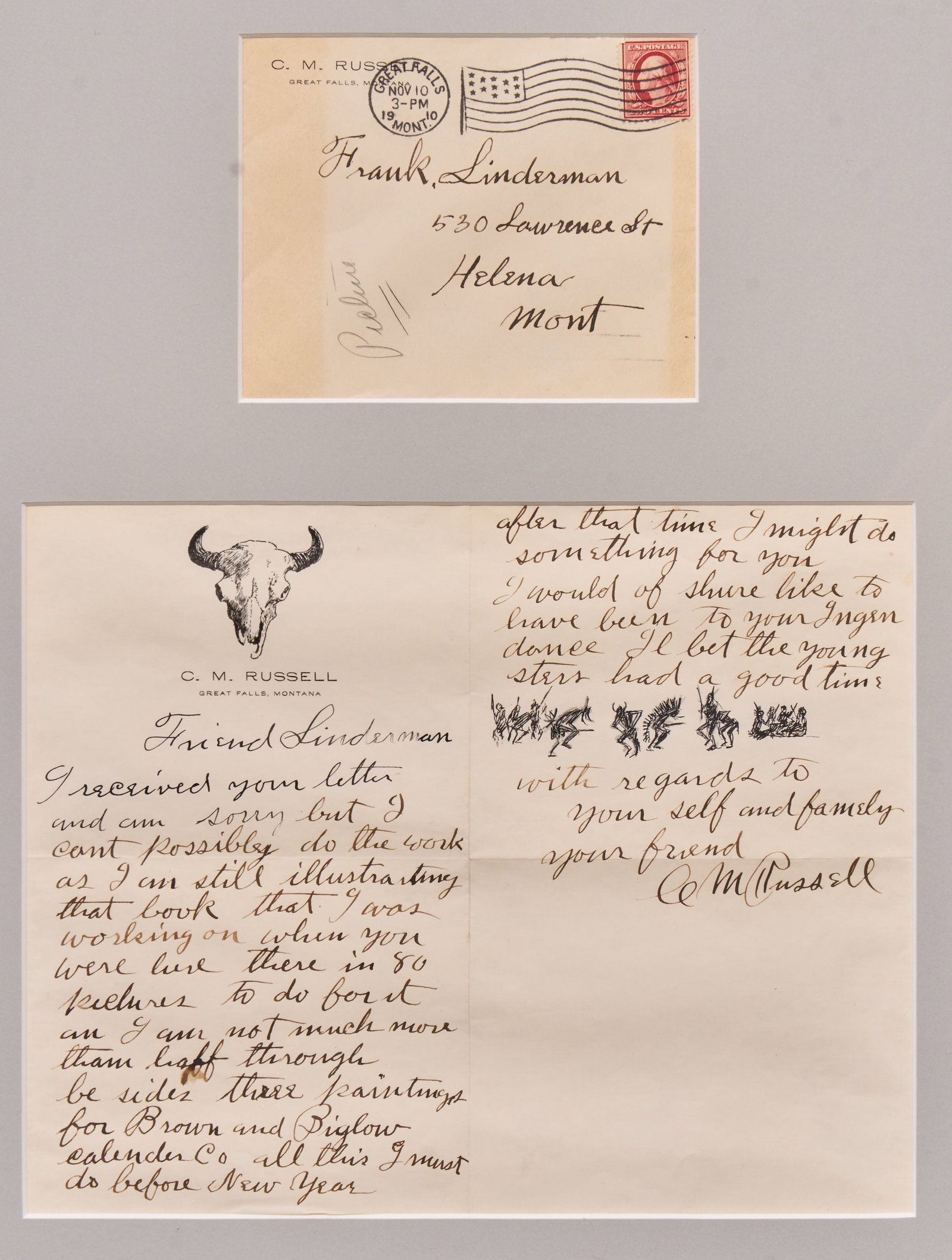 Charles Russell, Handwritten Letter from 1910: A Charles M. Russell signed handwritten letter to Frank Linderman, on Russell's letterhead, with doodle sketch, with original envelope postmarked Nov. 10, 1910, framed all