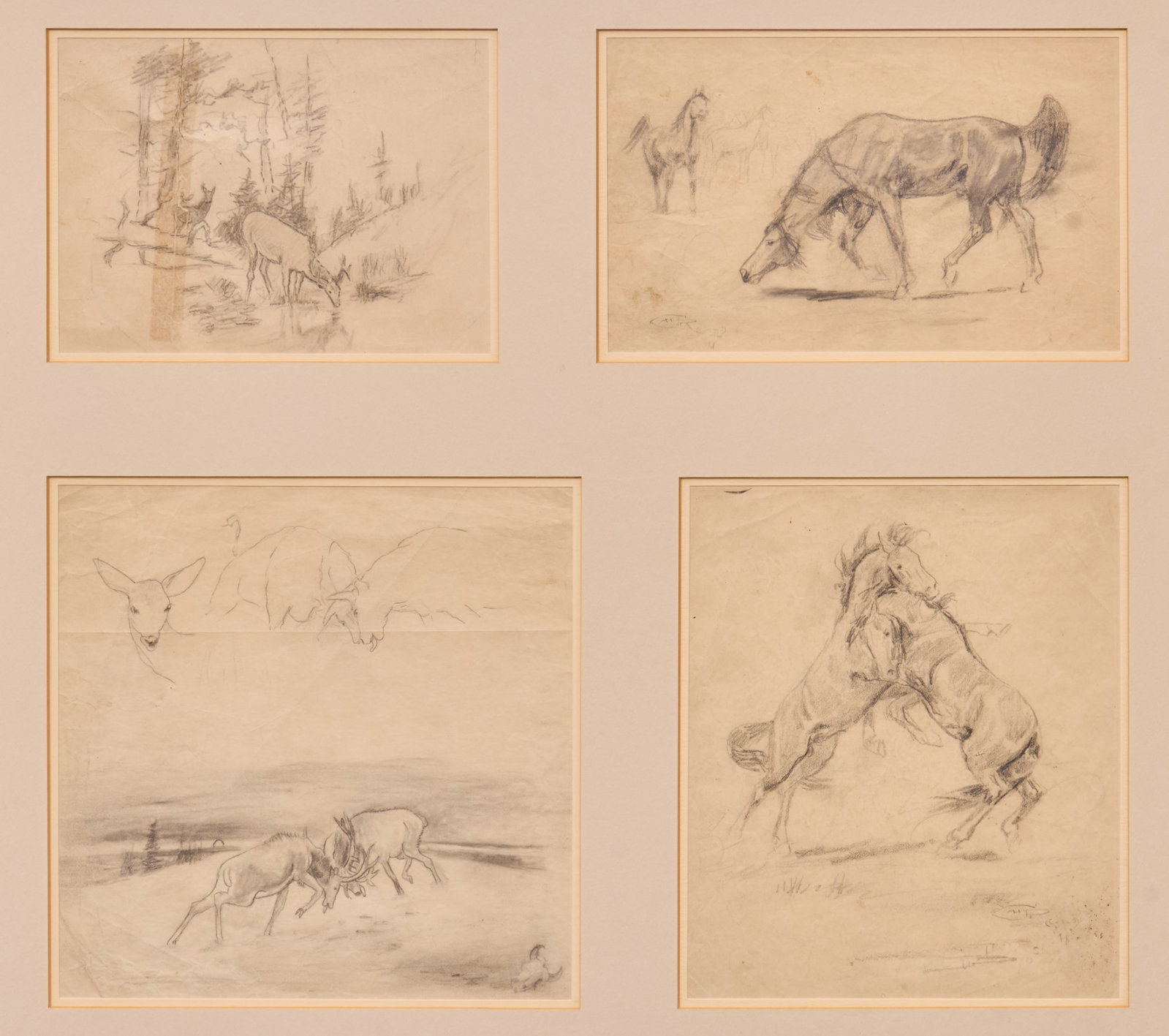 Charles Russell, Four Sketches, c. 1888-1890: Charles Marion Russell (Amer., 1864-1926), four sketches including elk in forest, c.1890., boss of the horse herd, c. 1890., fighting elk with additional doodles, c.1888, and fight