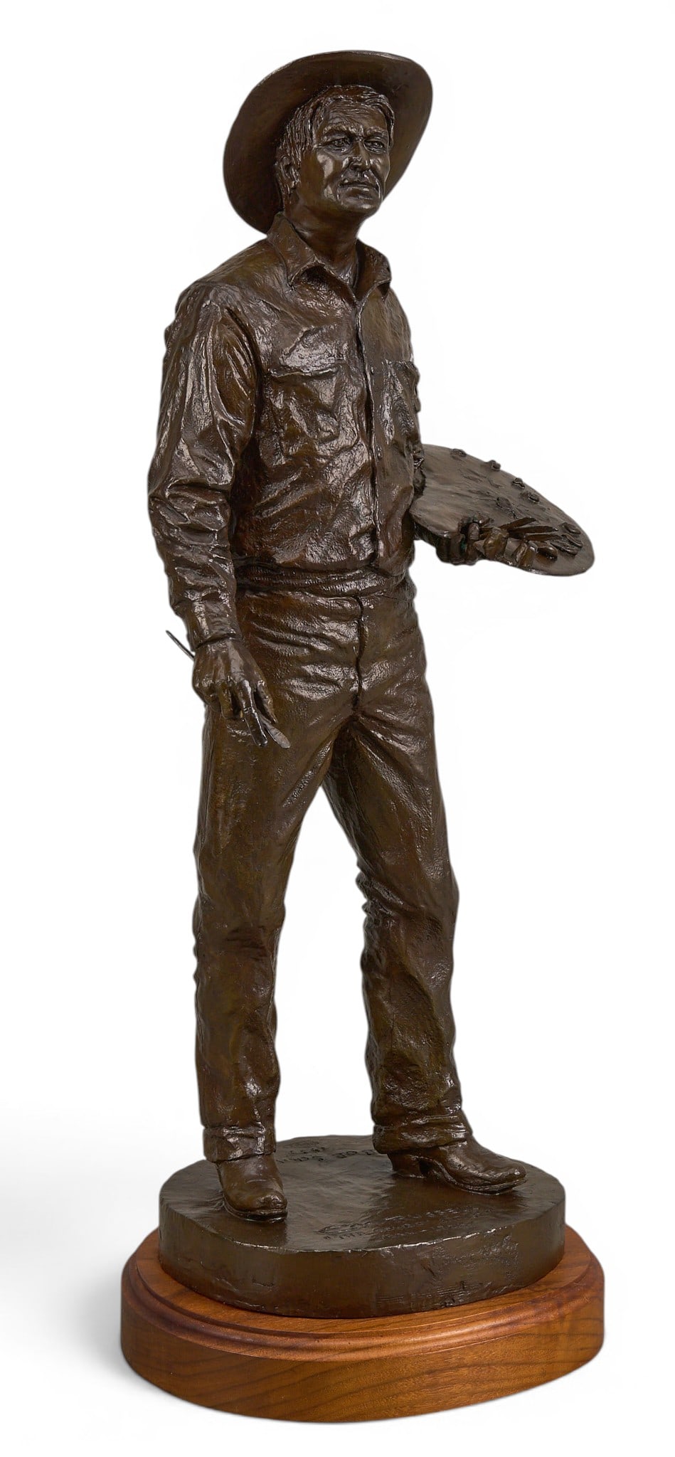 Bob Scriver, "The Cowboy Artist": Robert "Bob" Macfie Scriver (Montana, 1914-1999), "CM Russell 'The Cowboy Artist' 1854-1926", artist-cast bronze sculpture on wooden base, with incised signature, edit