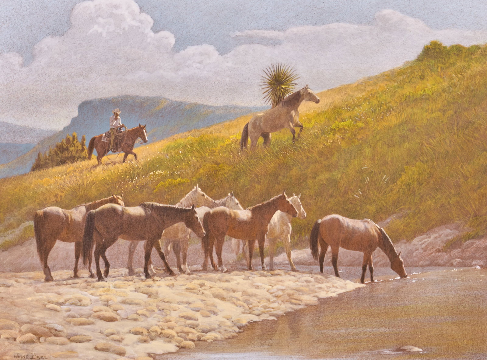 Wayne Baize, "The Wrangler": Wayne Baize (Texas, b. 1943), "The Wrangler", mixed media on illustration panel or paper, signed lower left sight: 18 x 24 in., frame: 26 x 32 in. Provenance: Property from the estate o