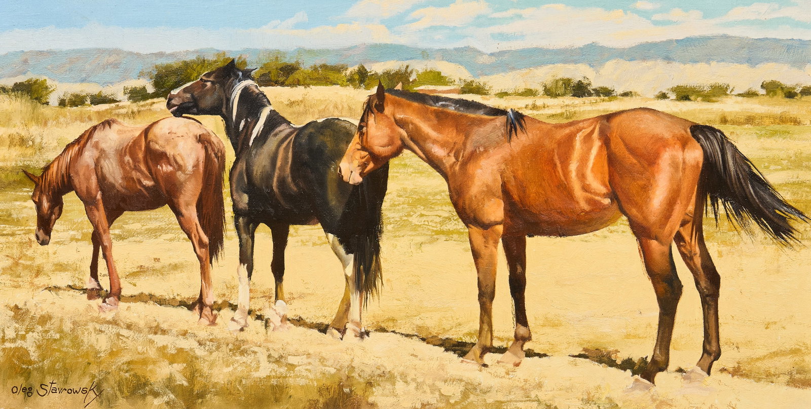Oleg Stavrowsky, "Follow the Leader": Oleg Stavrowsky (New Mexico / Texas, 1927-2020), "Follow the Leader", oil on canvas, signed lower left, signed again and titled on the verso sight: 15 x 29 in., frame: 21.5 x 35.5