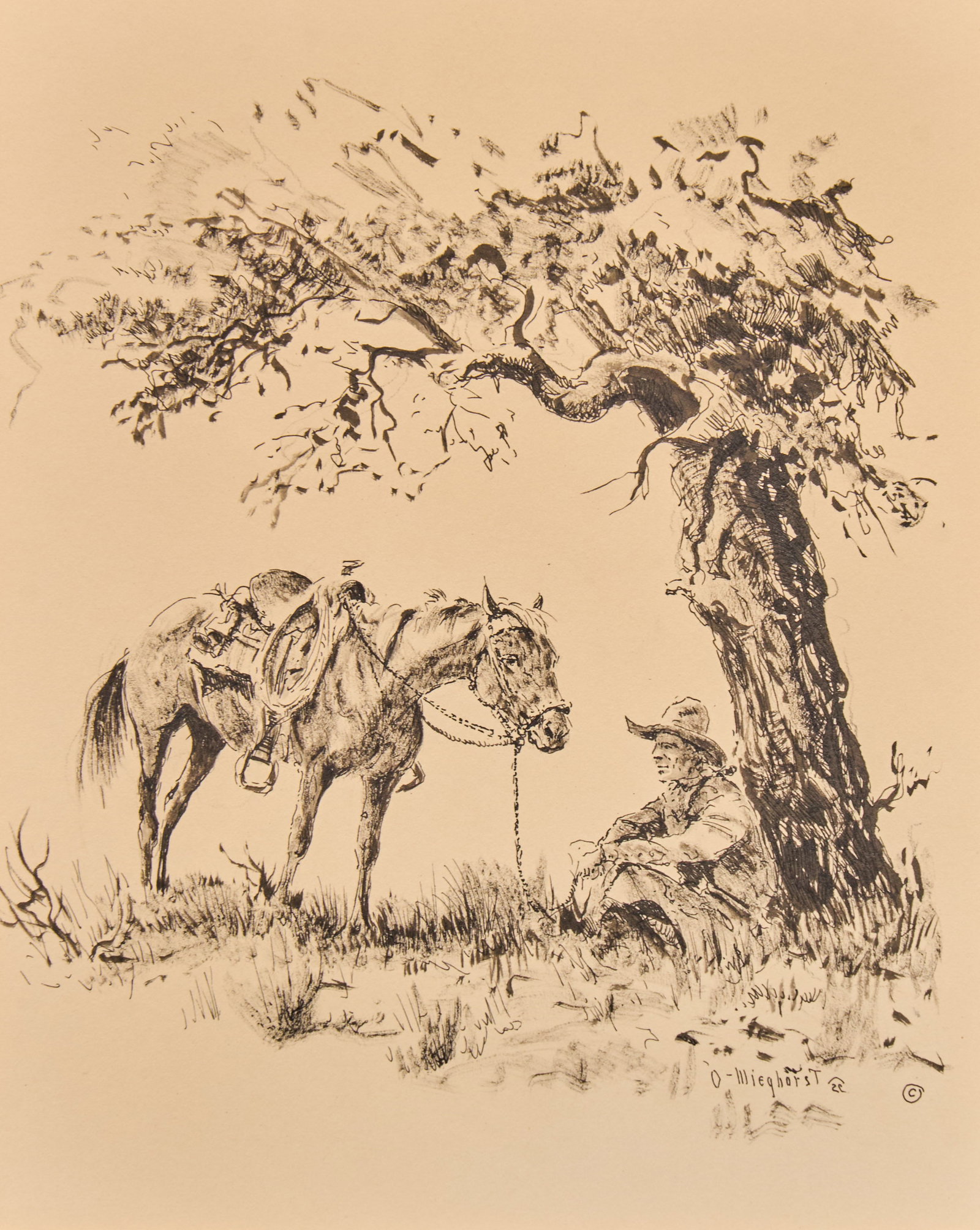 Olaf Wieghorst, "A Much Needed Repose": Olaf Carl Wieghorst (California / Denmark, 1899-1988), "A Much Needed Repose", pen and ink drawing on art board, signed lower right sight: 10 x 8 in., frame: 21.5 x 17 in.