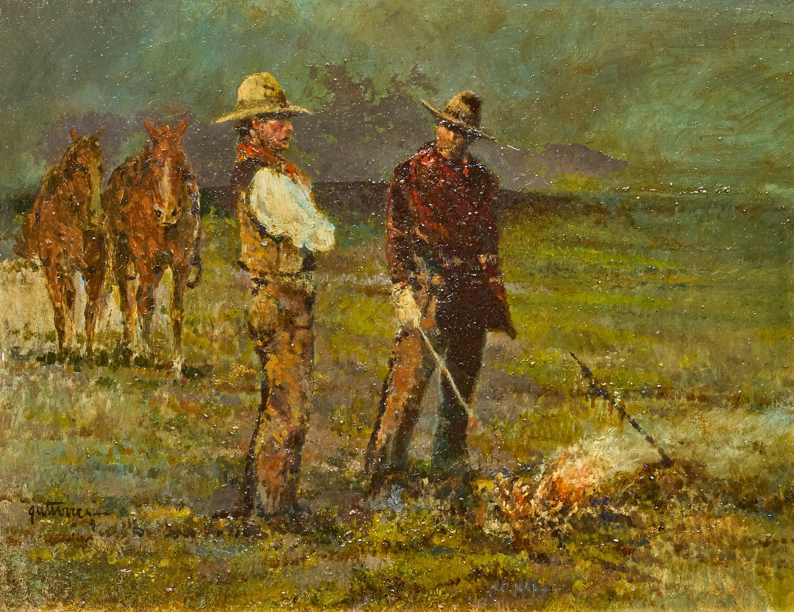 Raul Gutierrez, Cowboys at Campfire: Raul Gutierrez (Texas, b. 1935), nocturne scene with cowboys at a campfire, oil on canvas panel, signed lower left sight: 11 x 14 in., frame: 16 x 19 in. Provenance: Property from the collection